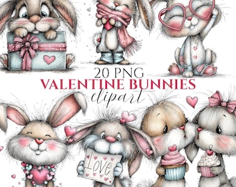 Whimsical Valentine Bunny Clipart Bundle, Cute Valentine PNG (Digital Download 24 PNG)