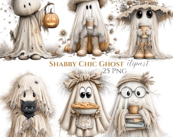 Imágenes prediseñadas de fantasmas estilo shabby chic, imágenes PNG de Halloween en acuarela, paquete de otoño estilo cottagecore (25 imágenes PNG)
