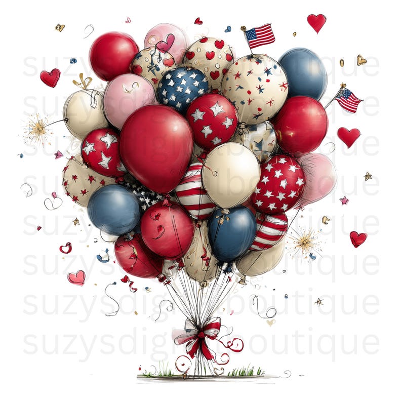 May include: A cluster of red, white, and blue balloons, some with star and heart patterns, tied with a red and white bow. Small American flags and hearts float around the balloons, creating a festive, patriotic theme.