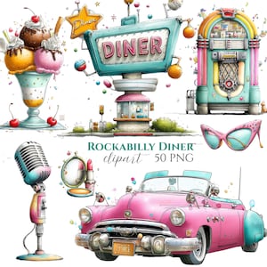 Op de afbeelding: Een verzameling Rockabilly Diner clipart-afbeeldingen. Bevat een roze cabriolet, een dinerbord, een jukebox, een microfoon, een ijscoupe en cat-eye zonnebrillen. De tekst "Rockabilly Diner clipart 50 PNG" is ook aanwezig.