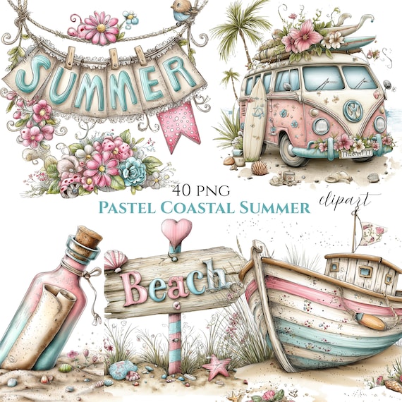 Pastel Summer Clipart Bundle | Watercolor Beach Elements, Seashells, Sandcastle (40 PNG)