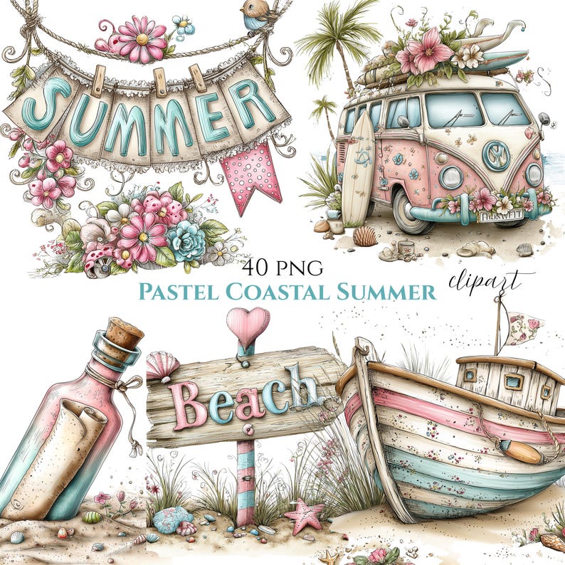 Puede incluir: Conjunto de im&aacute;genes predise&ntilde;adas de acuarela con un tema de verano costero pastel. Incluye una furgoneta VW rosa y blanca con tablas de surf, un barco, un letrero que dice "Beach", un mensaje en una botella y la palabra "Summer".