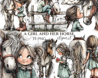May include: A collection of watercolor clipart illustrations featuring girls and horses. The images depict girls interacting with horses, with soft color palettes and detailed linework. The text "A Girl and Her Horse" is included.