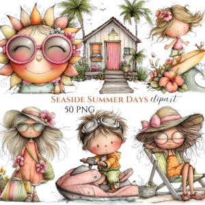 May include: A digital clipart set titled "Seaside Summer Days" featuring cartoon illustrations of beach scenes. Includes a smiling sun, a beach house, a surfer, a person on a jet ski, and a person relaxing in a beach chair. The set includes 50 PNG images.