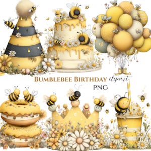 May include: A collection of watercolor illustrations featuring bumblebees and floral elements. Includes a birthday cake, party hat, balloons, donuts, a crown, and a drink, all decorated with bees and daisies. The text "BUMBLEBEE BIRTHDAY clipart PNG" is also present.