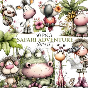 Puede incluir: Una colección de imágenes prediseñadas caprichosas con temática de safari que presenta varios animales, incluyendo un perezoso, una cebra, un loro, un hipopótamo, un león, una jirafa y una persona con binoculares. Se muestra el texto "50 PNG SAFARI ADVENTURE clipart".