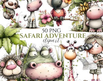 Pacchetto di clipart di Whimsical Safari - Animali carini della giungla e dello zoo (download digitale 50 PNG)