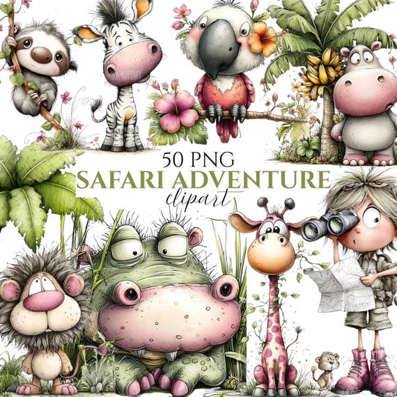 Whimsical Safari Clipart Bundle – Cute Jungle & Zoo Animals (Digital Download 50 PNG)