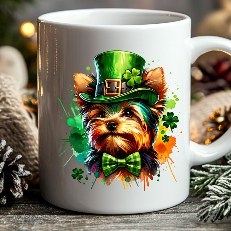 St Patricks Day Yorkie Welpen Clipart, Kobold Hut PNG (digitaler Download) Bild 7