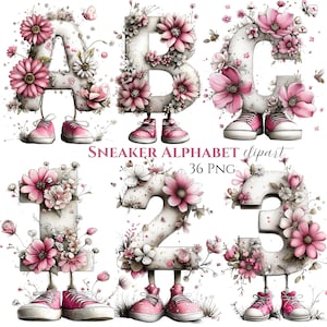 Peut inclure: Un ensemble graphique numérique présentant les lettres A, B, C et les chiffres 1, 2, 3 décorés de fleurs roses et de verdure. Chaque caractère repose sur deux baskets roses. Le texte SNEAKER ALPHABET clipart 36 PNG est centré sur l'image.