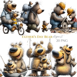 Clipart vaderdag teddybeer, aquarel verhalenboek beren, tuinieren, illustraties papa en welp (20 png)