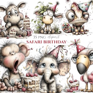 Könnte beinhalten: Eine Sammlung skurriler Safari-Tier-Clipart-Illustrationen. Die Tiere, darunter ein Nashorn, eine Giraffe, ein Chamäleon, ein Affe, ein Elefant und ein Flamingo, tragen Partyhüte und befinden sich in der Nähe von Geburtstagskuchen. Der Text "35 PNG clipart SAFARI BIRTHDAY" ist ebenfalls sichtbar.