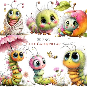 May include: A collection of whimsical, cartoon-style caterpillar clipart. The caterpillars are depicted in various poses and colors, with large, expressive eyes. The image includes the text "20 PNG Cute Caterpillar clipart".