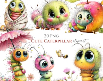 Watercolor Caterpillar Clipart Bundle | Fuzzy Spring Bug, Bee, Wildflower Art (20 PNG)
