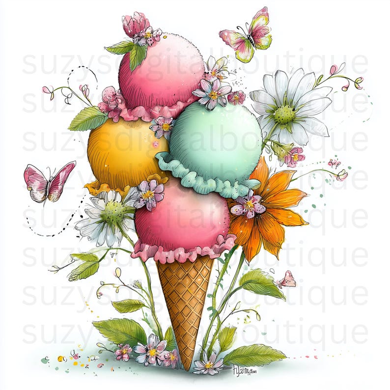 May include: Watercolor illustration of an ice cream cone with four scoops in pink, yellow, and mint green, adorned with flowers and butterflies. The cone is a light brown color, and the background is white.