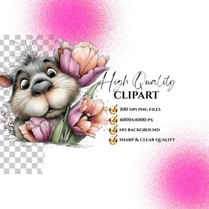 May include: A whimsical illustration of a cartoon-like creature with gray fur, holding pink and peach tulips. The image has a pink splatter effect in the background and text that reads "High Quality CLIPART".