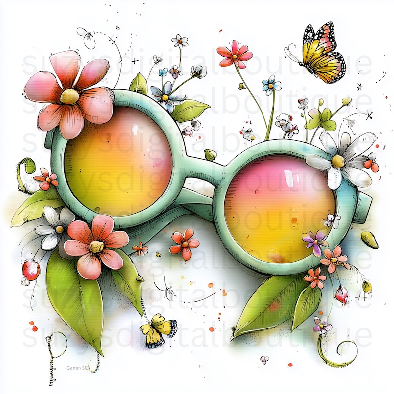May include: Watercolor illustration of round sunglasses in a light green frame, adorned with pink, white, and orange flowers, green leaves, and butterflies. The lenses have a gradient of yellow to pink. A whimsical, floral design.