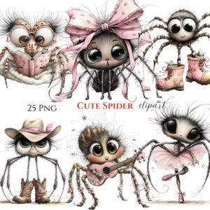 Whimsical Watercolor Spider Clipart Bundle, Kawaii Halloween Bug PNG (25 Files)