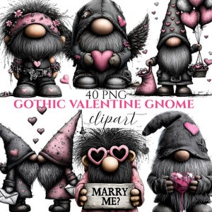 Puede incluir: Una colección de imágenes prediseñadas de gnomos góticos de San Valentín. Los gnomos se representan en varias poses, sosteniendo corazones, globos y letreros. La paleta de colores incluye negro, gris y rosa. El texto de la imagen dice "40 PNG GOTHIC VALENTINE GNOME clipart".