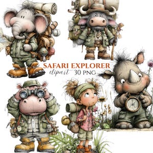 May include: A collection of five illustrated characters including an elephant, a buffalo, a hippopotamus, a child, and a rhinoceros, all dressed in explorer gear with backpacks and accessories. The text reads SAFARI EXPLORER clipart 30 PNG.