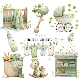 May include: Watercolor illustration of Irish nursery clipart. The image features a crib, baby carriage, rattle, baby bottles, onesies, a changing table, a rocking horse, and a basket filled with toys. The theme is green and white with shamrock accents.