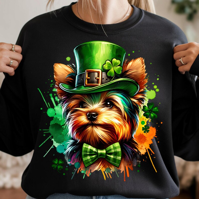 St Patricks Day Yorkie Welpen Clipart, Kobold Hut PNG (digitaler Download) Bild 5