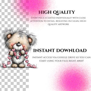 May include: A cute cartoon bear with a garland of pink hearts. The image includes the text "HIGH QUALITY" and "INSTANT DOWNLOAD". The bear has a light brown and gray fur with pink accents. The background is white with pink accents.