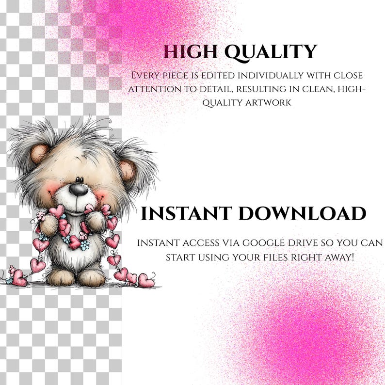 May include: A cute cartoon bear with a garland of pink hearts. The image includes the text "HIGH QUALITY" and "INSTANT DOWNLOAD". The bear has a light brown and gray fur with pink accents. The background is white with pink accents.