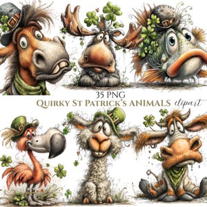 May include: A digital illustration featuring six quirky St. Patrick's Day animals. The animals include a horse, moose, fish, flamingo, llama, and cow, all adorned with shamrocks and leprechaun hats. The text "35 PNG QUIRKY ST PATRICK'S ANIMALS clipart" is also included.