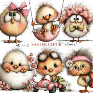 May include: A collection of whimsical Easter chick clipart images. The chicks are depicted in various poses, including one on a swing, in a car, and wearing glasses. The text "40 PNG EASTER CHICK clipart" is visible.