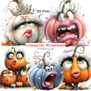 Può includere: Una collezione digitale di 20 immagini clipart PNG raffiguranti zucche antropomorfe con tratti del viso esagerati, tra cui ciglia lunghe, labbra imbronciate e bocche aperte. Il testo recita 20 PNG, COSMETIC PUMPKINS e COMMERCIAL USE.