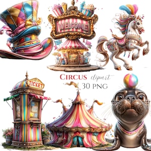 Puede incluir: Colección de imágenes prediseñadas con temática de circo. Incluye un sombrero de copa colorido, un letrero de "Welcome", un caballo de carrusel, una taquilla, una carpa de circo y una foca que equilibra una pelota. También está presente el texto "Circus clipart 30 PNG".