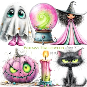 May include: Whimsical Halloween clipart featuring a ghost, a crystal ball, a witch, a pumpkin, a candle, and a black cat. The ghost wears a white sheet and pink shoes. The witch has a black hat and pink cape. The pumpkin is pink with green eyes.