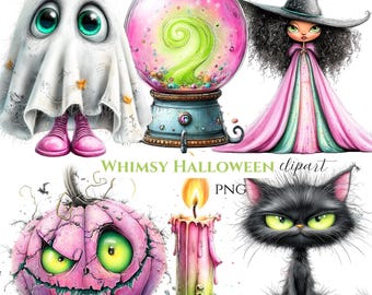 Paquete de imágenes prediseñadas de Halloween con temática de fantasía / Bruja, fantasma, calabaza, gato (25 PNG)