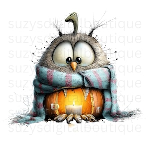 May include: A whimsical illustration of an owl with large eyes, wearing a blue and pink striped scarf. The owl is perched atop a carved pumpkin with a lit candle inside. The image has a cartoonish style with a white background.