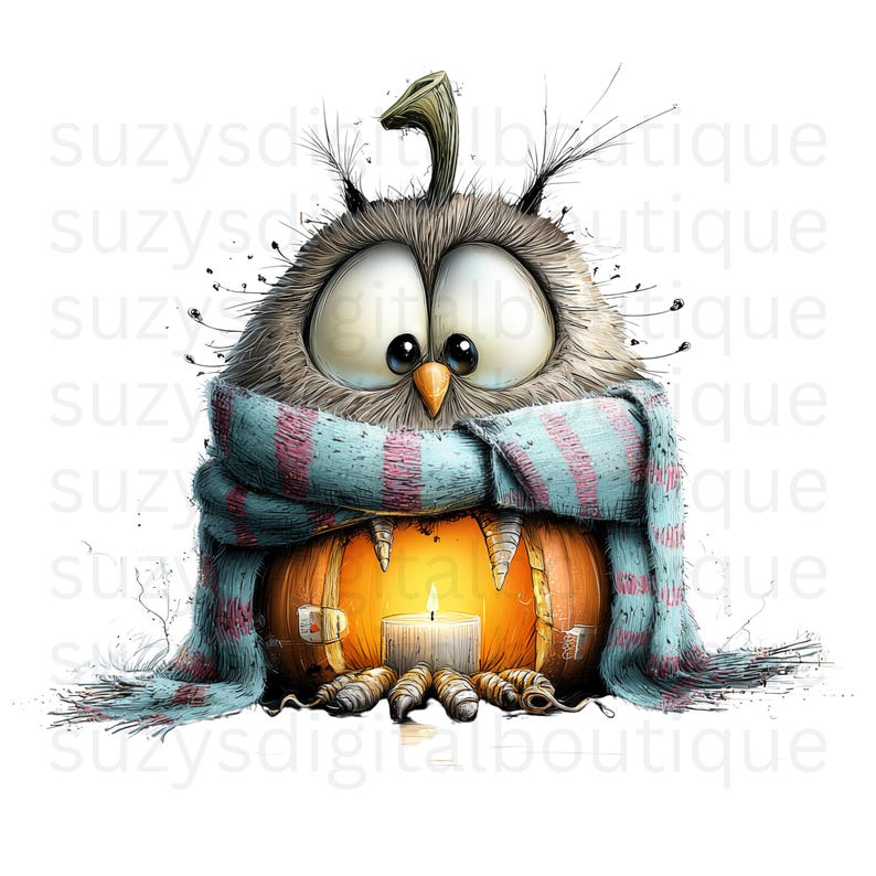 May include: A whimsical illustration of an owl with large eyes, wearing a blue and pink striped scarf. The owl is perched atop a carved pumpkin with a lit candle inside. The image has a cartoonish style with a white background.