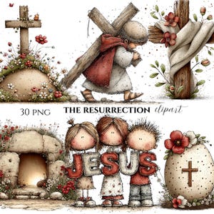 May include: Digital clipart set titled "The Resurrection" featuring illustrations of crosses, children, and an Easter egg. The image includes the text "30 PNG". The illustrations are in a watercolor style with soft colours and floral accents.