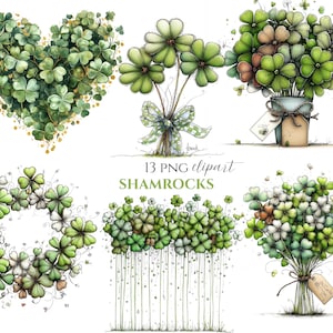 May include: A collection of 13 PNG clipart images featuring shamrocks in various arrangements. The images include shamrock bouquets, a heart-shaped design, and a wreath, all in shades of green and white. The text "SHAMROCKS" is displayed.