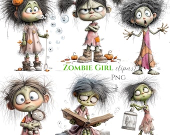 May include: A collection of six illustrations featuring a zombie girl with messy dark hair, wearing tattered pink dresses and boots. The character is depicted in various poses, including blowing bubbles, reading a book, and holding a doll or birdcage.