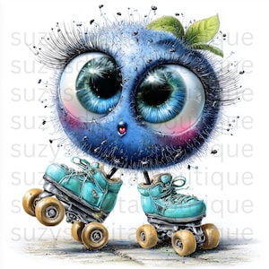 May include: A whimsical illustration of a blueberry character with large blue eyes, long eyelashes, and teal roller skates. The blueberry has a cute expression and is decorated with small details, including a green leaf.