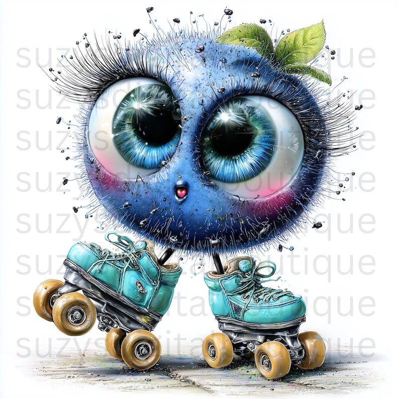 May include: A whimsical illustration of a blueberry character with large blue eyes, long eyelashes, and teal roller skates. The blueberry has a cute expression and is decorated with small details, including a green leaf.