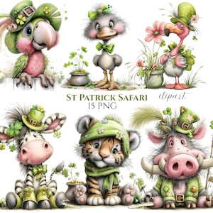 Può includere: Una collezione di clipart a tema San Patrizio con animali dei cartoni animati. Le illustrazioni includono un pappagallo, un'anatra, un fenicottero, una zebra, una tigre e un facocero, tutti adornati con cappelli verdi e trifogli. È presente anche il testo "ST PATRICK SAFARI 15 PNG".