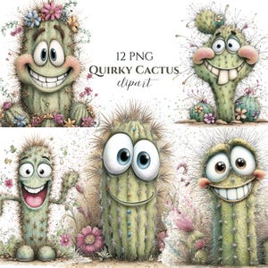 Puede incluir: Ilustración digital que presenta cinco personajes de cactus caprichosos con expresiones animadas y colores vibrantes. Los cactus tienen ojos grandes, bocas sonrientes y están adornados con flores y detalles espinosos. También se incluye el texto "12 PNG Quirky Cactus clipart".