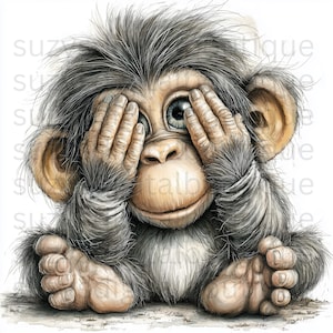 May include: A watercolor illustration of a baby chimpanzee with gray fur, covering its eyes with its hands. The chimpanzee has large, light blue eyes and a gentle smile. The artwork has a soft, textured appearance.