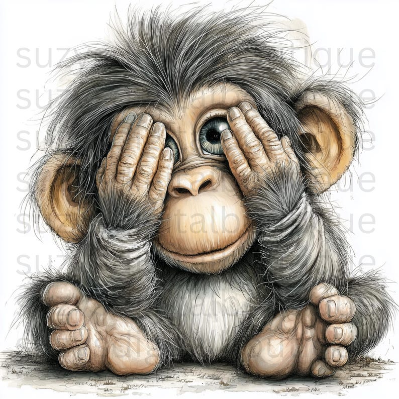 May include: A watercolor illustration of a baby chimpanzee with gray fur, covering its eyes with its hands. The chimpanzee has large, light blue eyes and a gentle smile. The artwork has a soft, textured appearance.