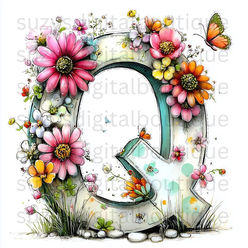 Pu&ograve; includere: Una lettera "Q" decorativa adornata con fiori vibranti nei toni del rosa, arancione e giallo, insieme a farfalle. La lettera ha un contorno turchese ed &egrave; circondata da vegetazione e piccole pietre. Il testo "suzy digital boutique" &egrave; visibile.
