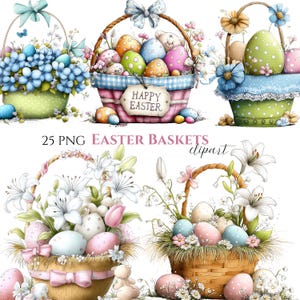 May include: A watercolour illustration featuring several Easter baskets, each adorned with vibrant eggs, flowers, and decorative details. The image includes the text "25 PNG Easter Baskets clipart". The baskets are in different styles and colours, ideal for Easter.