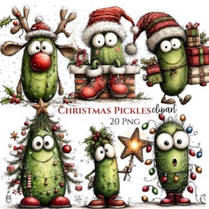Puede incluir: Un conjunto de ilustraciones digitales titulado CHRISTMAS PICKLES clipart 20 PNG que muestra seis personajes de pepinillos verdes en varias escenas navideñas, incluyendo uno con astas de reno, uno en una chimenea, uno con regalos y uno como árbol.