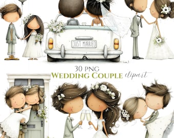 Wedding Clipart Bundle, Bride Groom Illustrations, Romantic Whimsical Art  (30 PNG)
