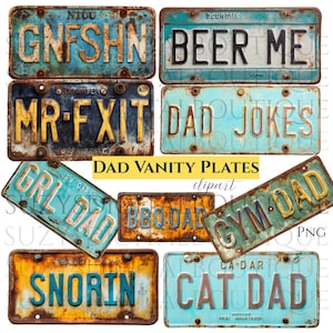 May include: A selection of distressed license plates with phrases such as "BEER ME" and "DAD JOKES." The plates have a vintage aesthetic, with rust and faded colours, including blue, yellow, and brown. The text is in capital letters, giving them a bold appearance.